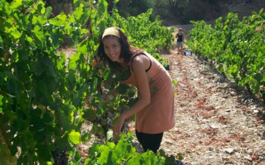 Sara Pérez haciendo trabajos en viñedo